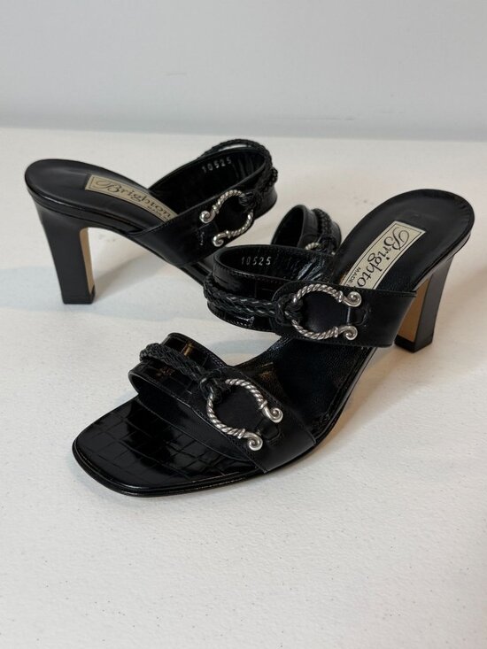 Brighton Shoes - Brighton Raven Black Leather Horsebit Mule Heels Size 5